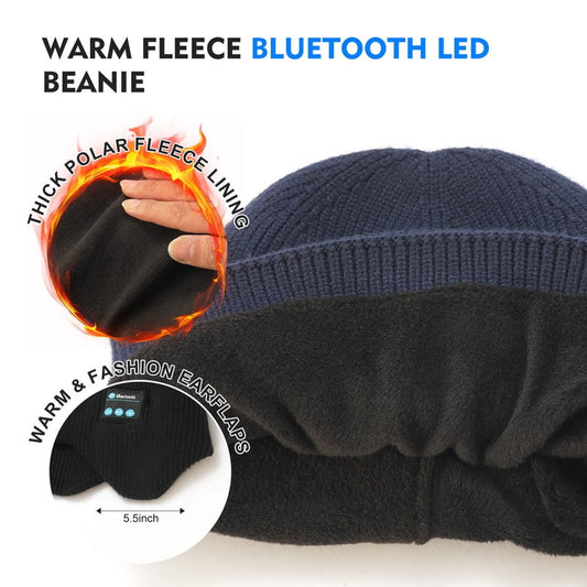 Fleece Lined Bluetooth Beanies for Men, Stocking Gift for Him Dad Mens Headlamp with Wireless Headphones and Earflaps, Cool Gadgets for Cold Outdoor (Navy Blue)