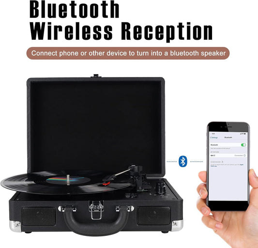 Vinyl Record Player, Bluetooth Turntable 3-Speed Suitcase with Built-In Speakers