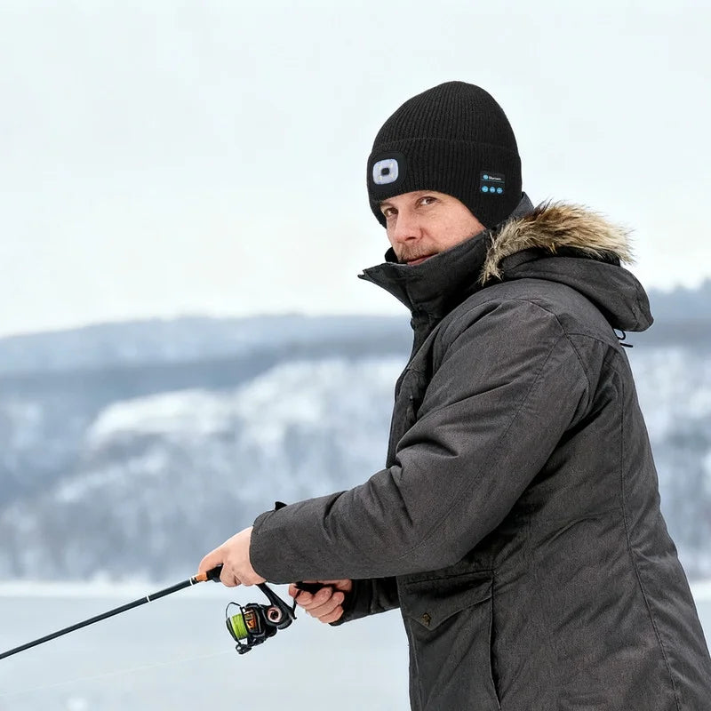 Fleece Lined Bluetooth Beanies for Men, Stocking Gift for Him Dad Mens Headlamp with Wireless Headphones and Earflaps, Cool Gadgets for Cold Outdoor (Navy Blue)