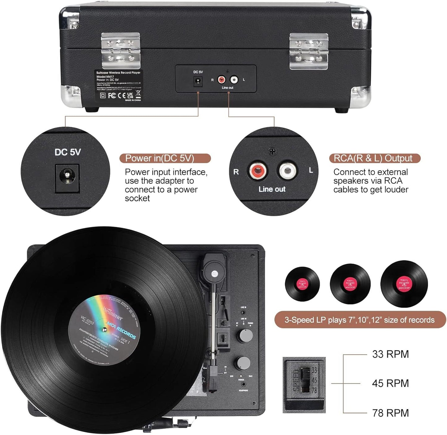 Vinyl Record Player, Bluetooth Turntable 3-Speed Suitcase with Built-In Speakers