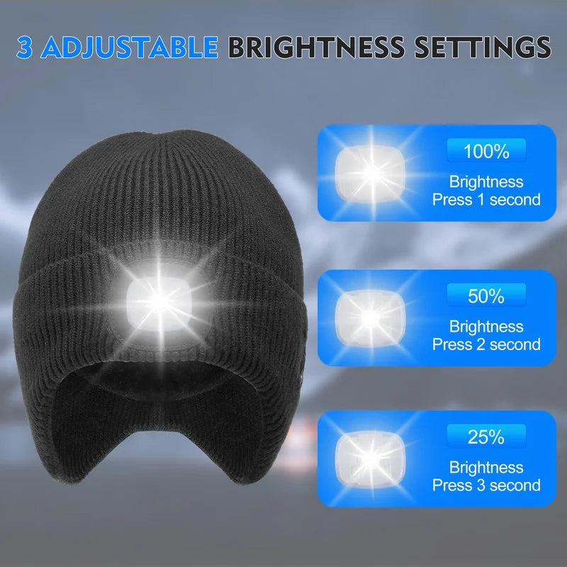 Fleece Lined Bluetooth Beanies for Men, Stocking Gift for Him Dad Mens Headlamp with Wireless Headphones and Earflaps, Cool Gadgets for Cold Outdoor (Navy Blue)