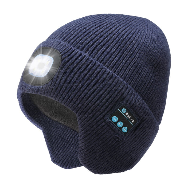 Fleece Lined Bluetooth Beanies for Men, Stocking Gift for Him Dad Mens Headlamp with Wireless Headphones and Earflaps, Cool Gadgets for Cold Outdoor (Navy Blue)