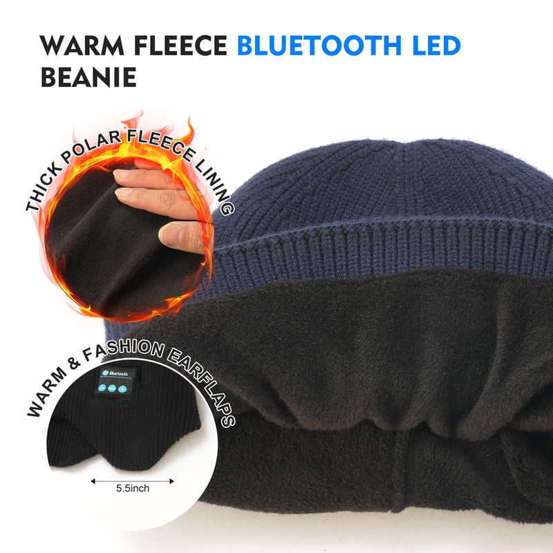Fleece Lined Bluetooth Beanies for Men, Stocking Gift for Him Dad Mens Headlamp with Wireless Headphones and Earflaps, Cool Gadgets for Cold Outdoor (Navy Blue)