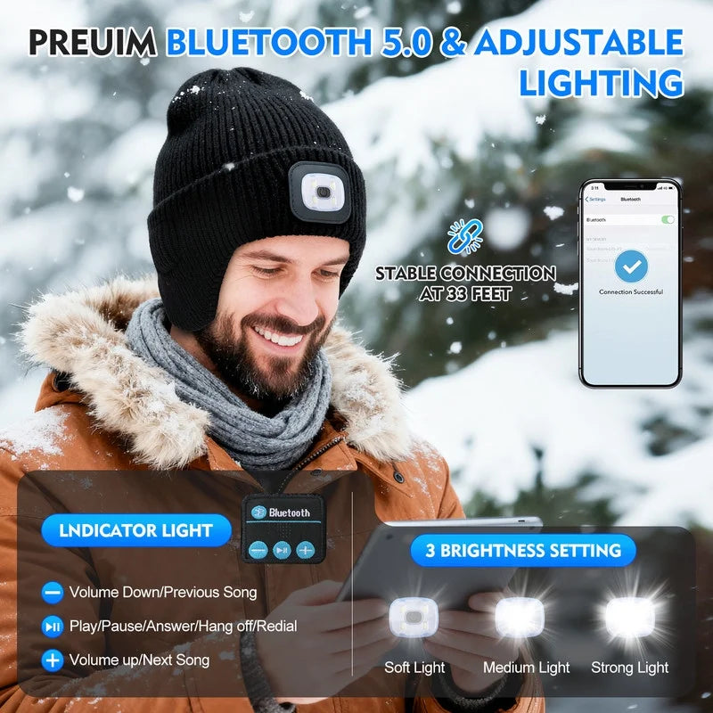 Fleece Lined Bluetooth Beanies for Men, Stocking Gift for Him Dad Mens Headlamp with Wireless Headphones and Earflaps, Cool Gadgets for Cold Outdoor (Navy Blue)