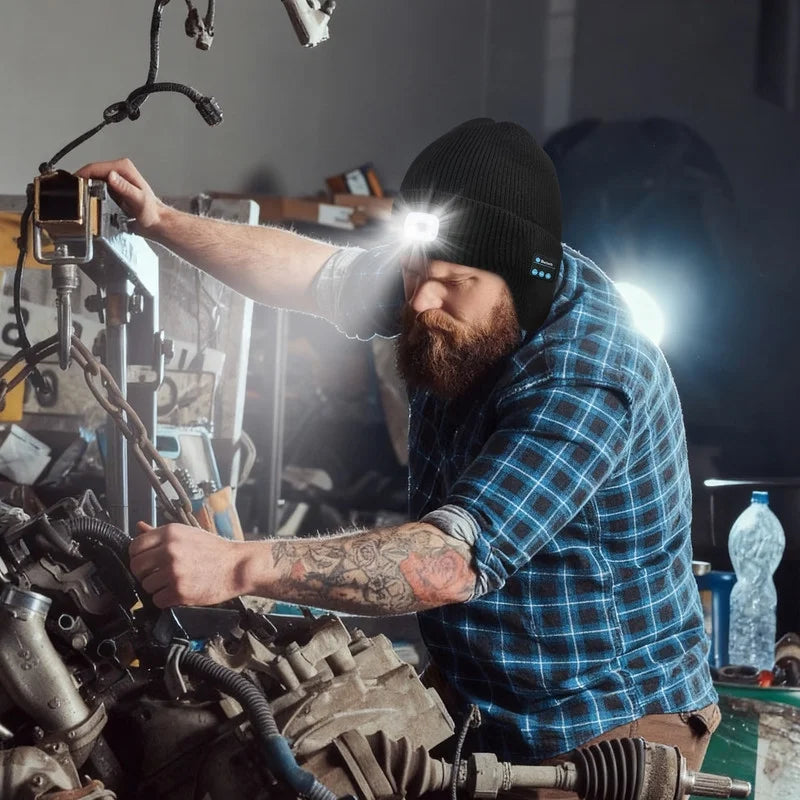 Fleece Lined Bluetooth Beanies for Men, Stocking Gift for Him Dad Mens Headlamp with Wireless Headphones and Earflaps, Cool Gadgets for Cold Outdoor (Navy Blue)