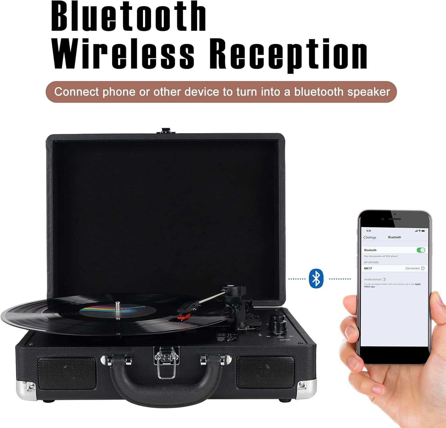 Vinyl Record Player, Bluetooth Turntable 3-Speed Suitcase with Built-In Speakers