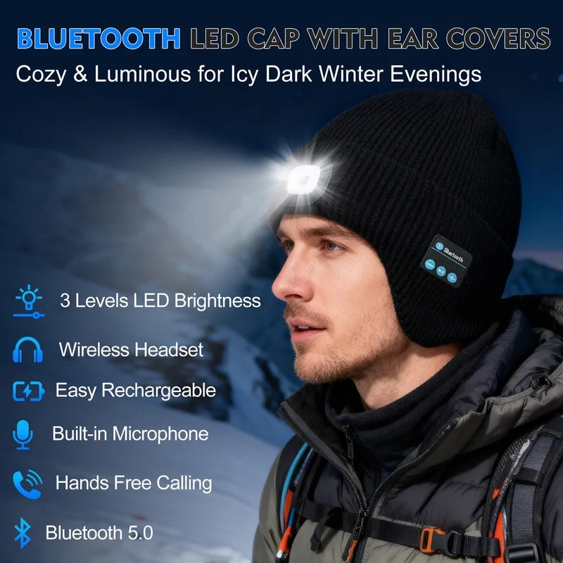Fleece Lined Bluetooth Beanies for Men, Stocking Gift for Him Dad Mens Headlamp with Wireless Headphones and Earflaps, Cool Gadgets for Cold Outdoor (Navy Blue)