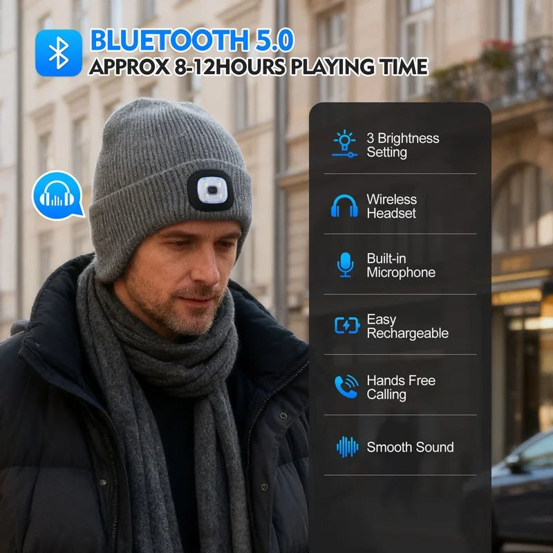Fleece Lined Bluetooth Beanies for Men, Stocking Gift for Him Dad Mens Headlamp with Wireless Headphones and Earflaps, Cool Gadgets for Cold Outdoor (Navy Blue)