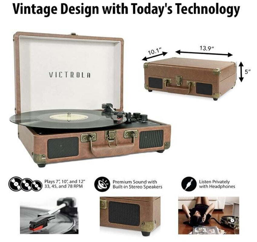 Brown Portable Suitcase Record Player Bluetooth Vinyl Record Player Suitcase New