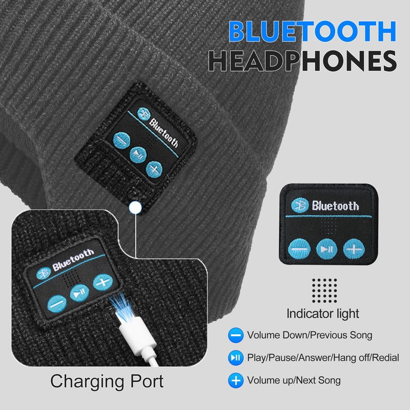Fleece Lined Bluetooth Beanies for Men, Stocking Gift for Him Dad Mens Headlamp with Wireless Headphones and Earflaps, Cool Gadgets for Cold Outdoor (Navy Blue)