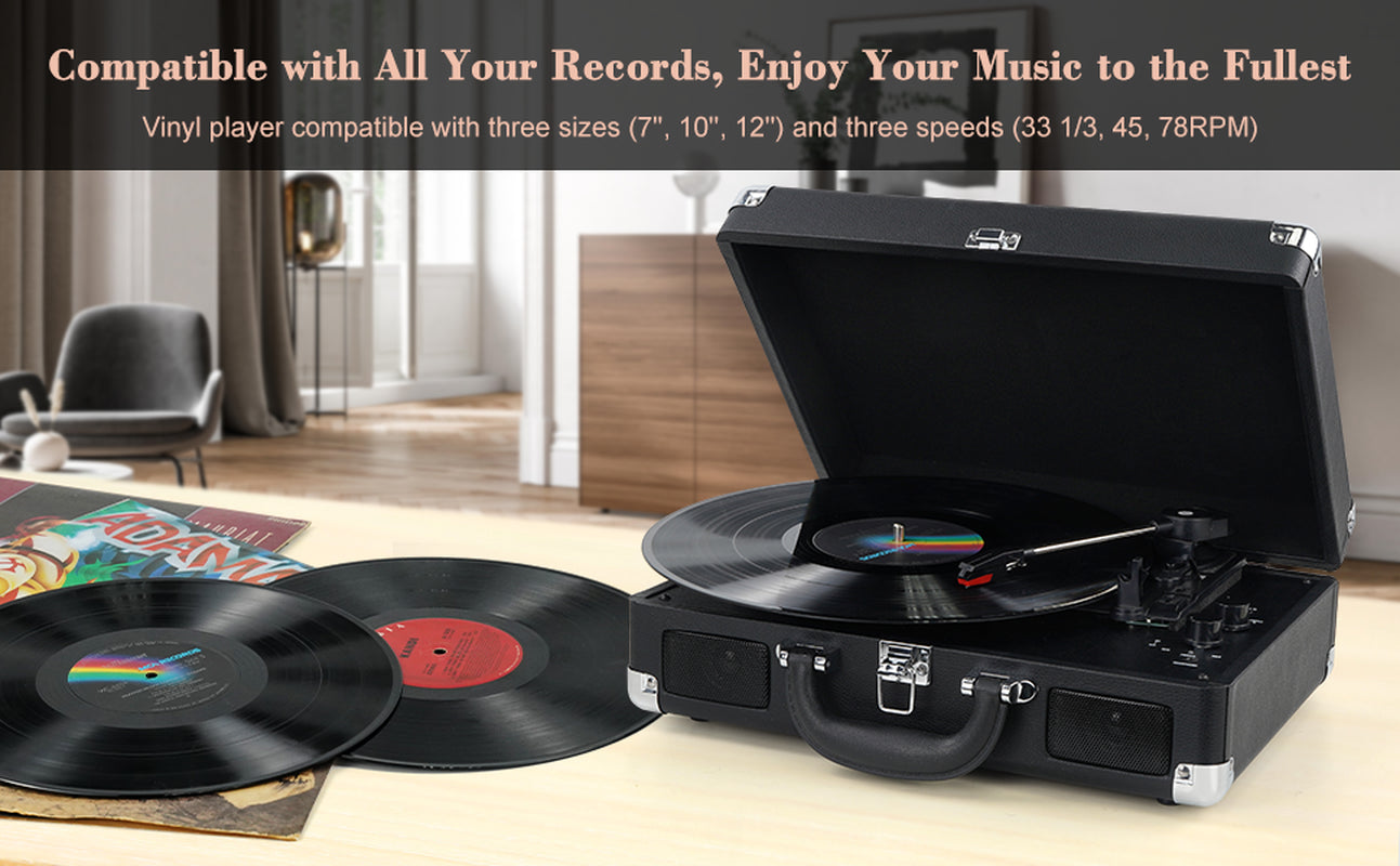 Vinyl Record Player, Bluetooth Turntable 3-Speed Suitcase with Built-In Speakers