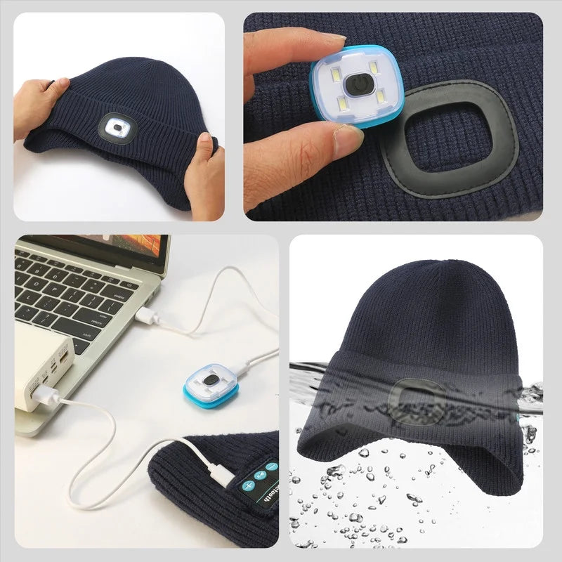 Fleece Lined Bluetooth Beanies for Men, Stocking Gift for Him Dad Mens Headlamp with Wireless Headphones and Earflaps, Cool Gadgets for Cold Outdoor (Navy Blue)