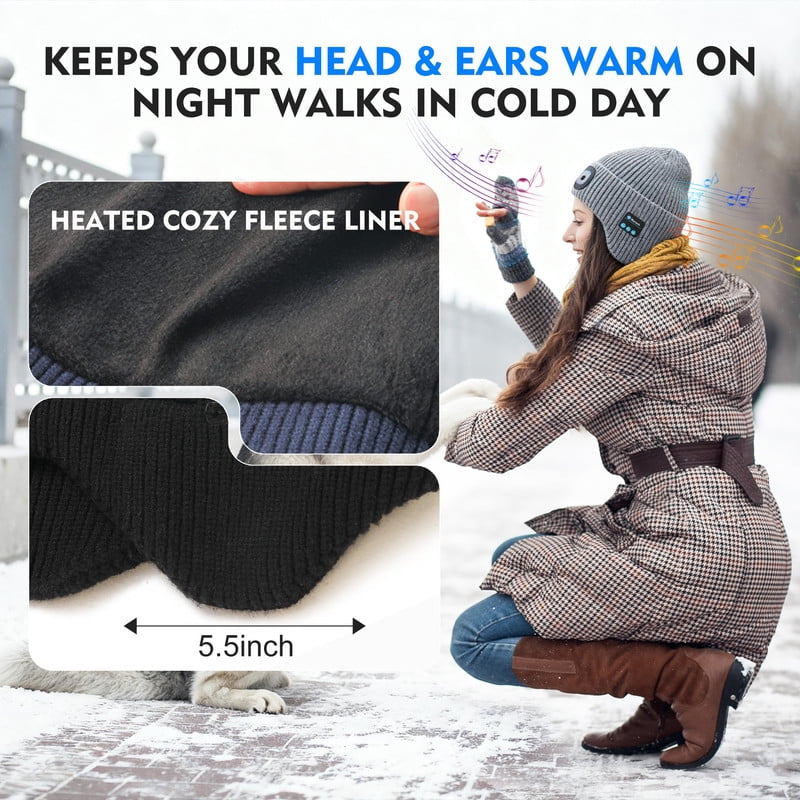 Fleece Lined Bluetooth Beanies for Men, Stocking Gift for Him Dad Mens Headlamp with Wireless Headphones and Earflaps, Cool Gadgets for Cold Outdoor (Navy Blue)