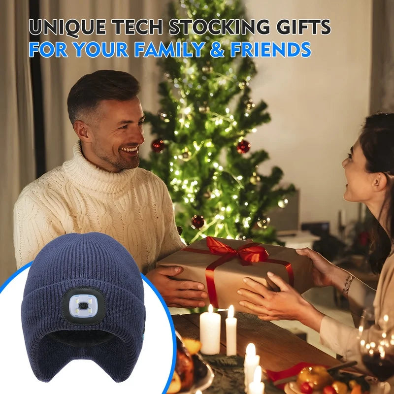 Fleece Lined Bluetooth Beanies for Men, Stocking Gift for Him Dad Mens Headlamp with Wireless Headphones and Earflaps, Cool Gadgets for Cold Outdoor (Navy Blue)