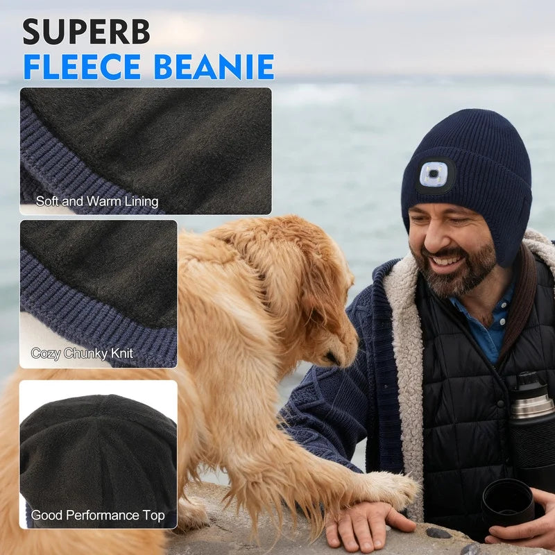 Fleece Lined Bluetooth Beanies for Men, Stocking Gift for Him Dad Mens Headlamp with Wireless Headphones and Earflaps, Cool Gadgets for Cold Outdoor (Navy Blue)