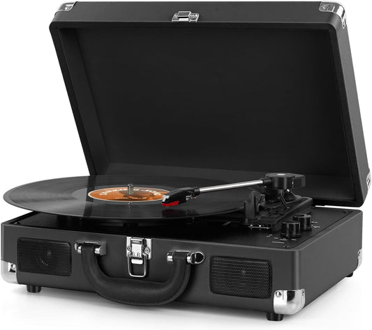 Vinyl Record Player, Bluetooth Turntable 3-Speed Suitcase with Built-In Speakers