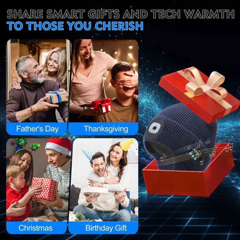 Fleece Lined Bluetooth Beanies for Men, Stocking Gift for Him Dad Mens Headlamp with Wireless Headphones and Earflaps, Cool Gadgets for Cold Outdoor (Navy Blue)