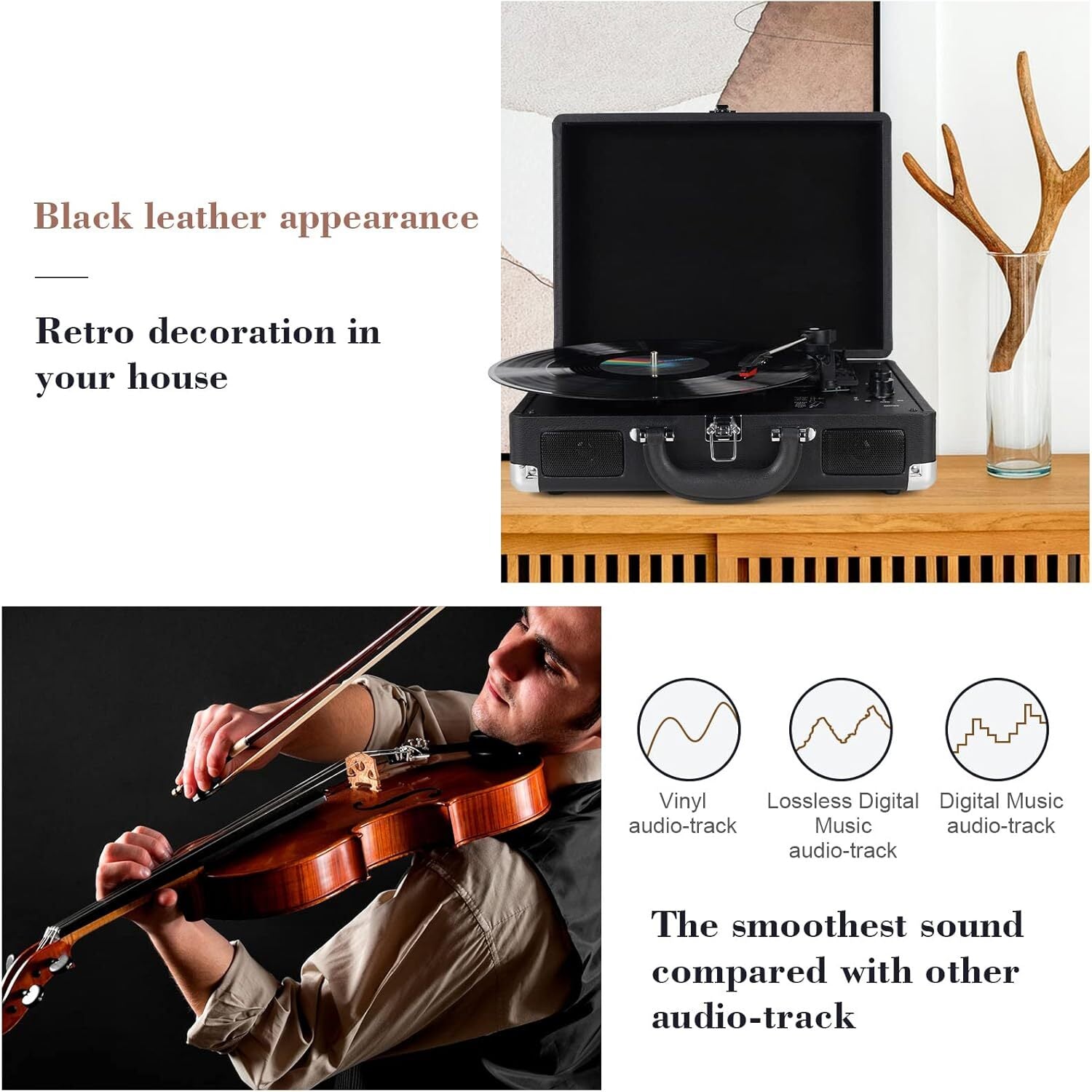 Vinyl Record Player, Bluetooth Turntable 3-Speed Suitcase with Built-In Speakers