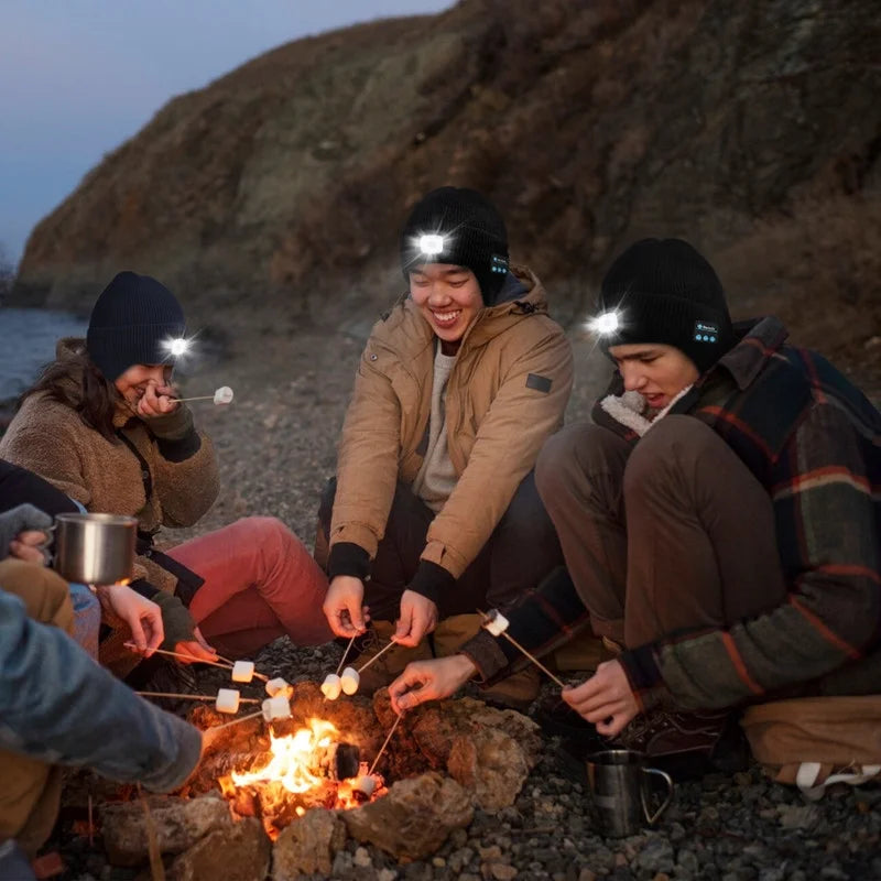 Fleece Lined Bluetooth Beanies for Men, Stocking Gift for Him Dad Mens Headlamp with Wireless Headphones and Earflaps, Cool Gadgets for Cold Outdoor (Navy Blue)