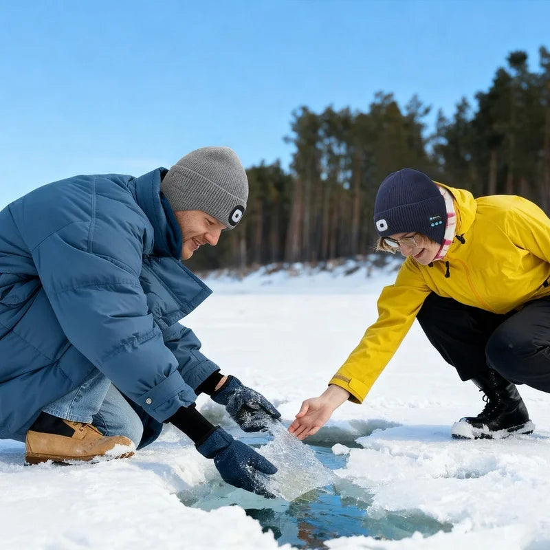 Fleece Lined Bluetooth Beanies for Men, Stocking Gift for Him Dad Mens Headlamp with Wireless Headphones and Earflaps, Cool Gadgets for Cold Outdoor (Navy Blue)