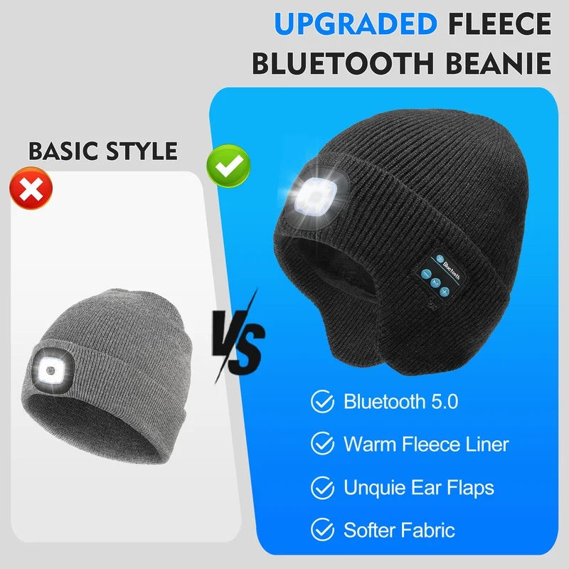 Fleece Lined Bluetooth Beanies for Men, Stocking Gift for Him Dad Mens Headlamp with Wireless Headphones and Earflaps, Cool Gadgets for Cold Outdoor (Navy Blue)